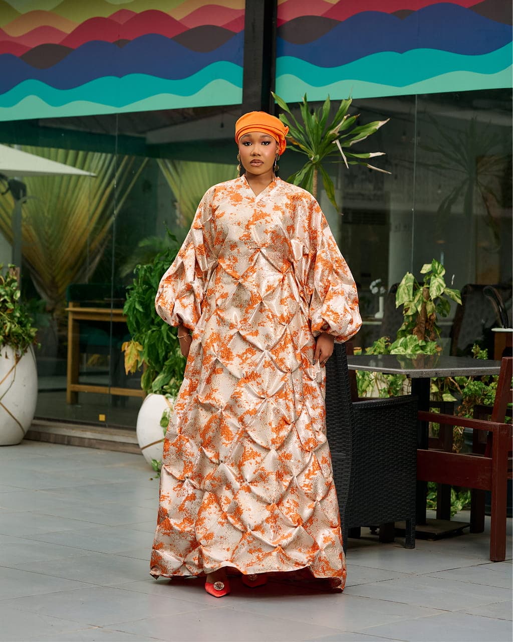 Zain Damask Boubou in Orange, Peach Orange, angle 1