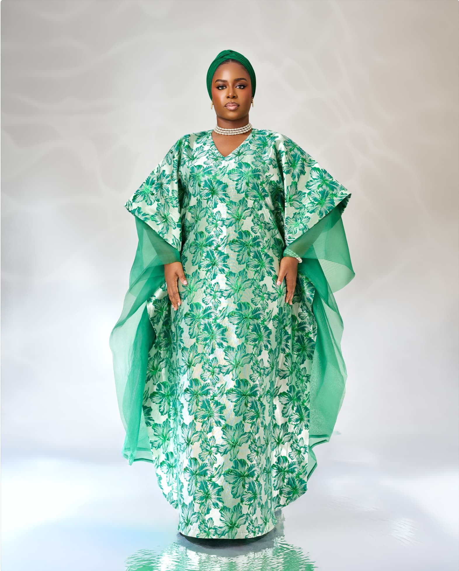 Green Brocade organza boubou, Jade Green, angle 1