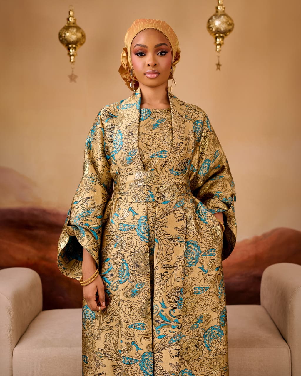 Jara Brocade Jacket Inner and Gown, Gold, angle 2