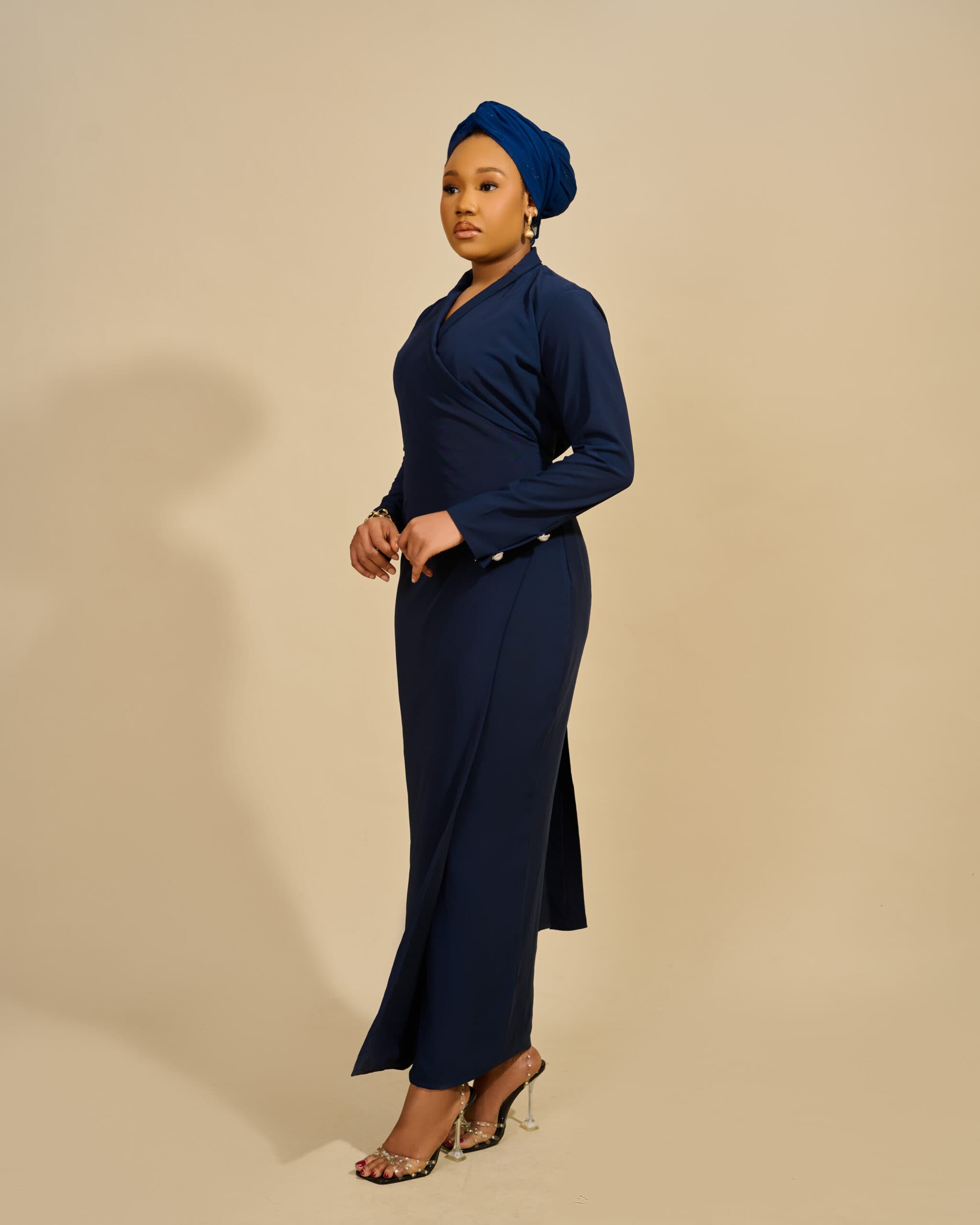 Navy Blue Wrap Blazer Gown, Navy Blue, angle 3