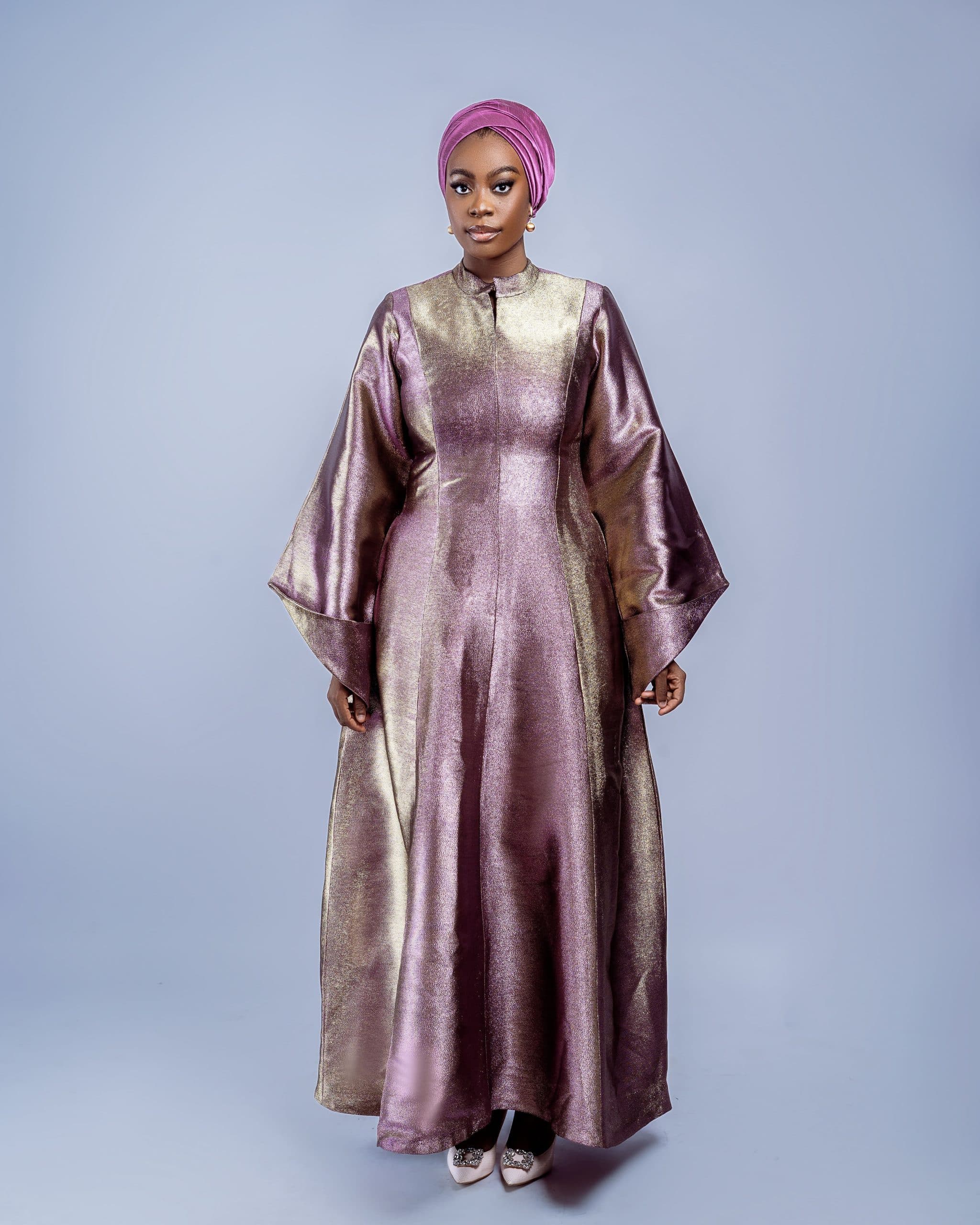 Metallic two toned Kaftan, Onion & Gold, angle 4