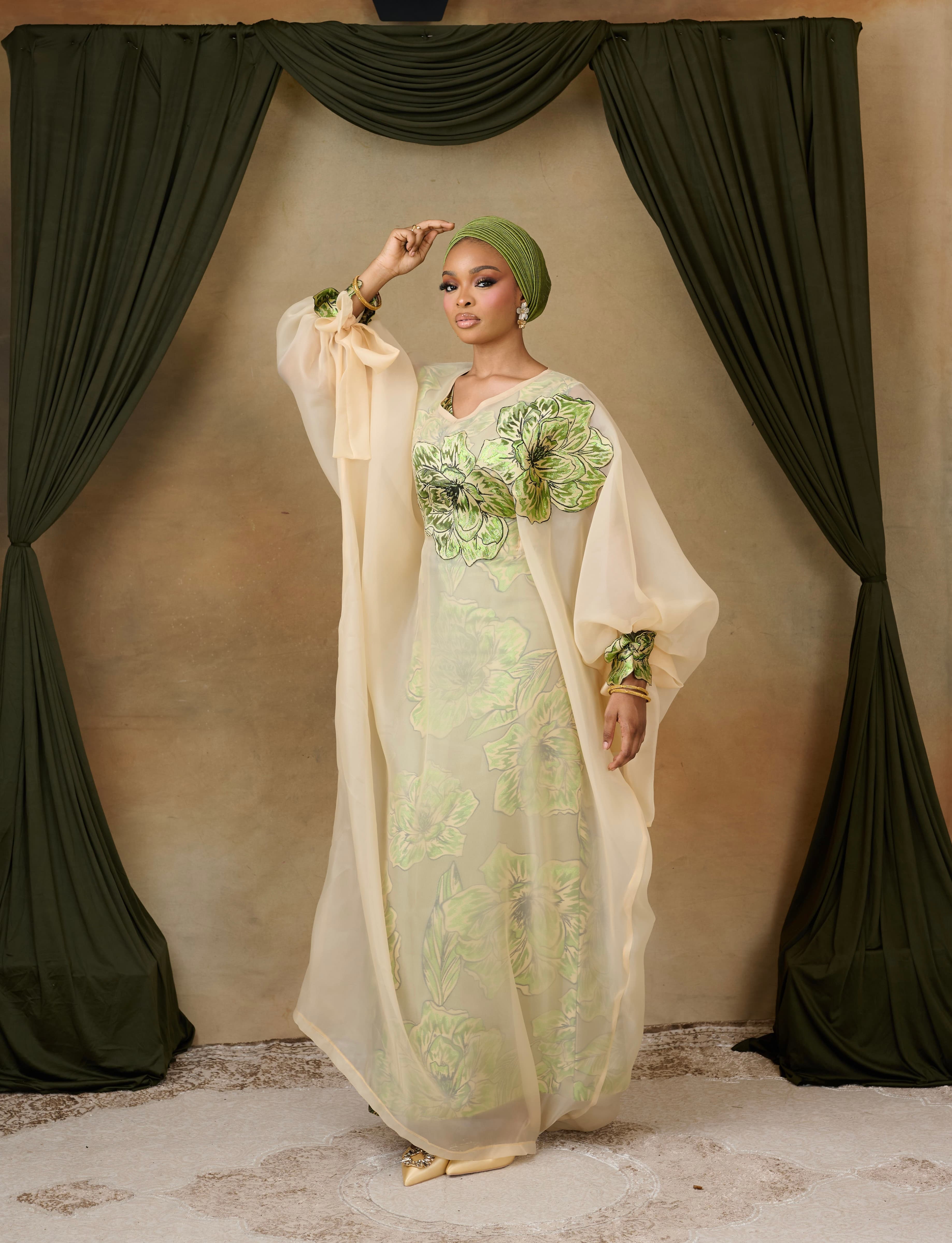 The Ayo Brocade Bubu Set, Champagne/Green, angle 3